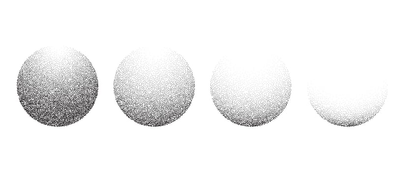Spheres set with textured gradient. Black dotted circles collection. Stippled round elements pack. Fading noise grain dot work shapes. Vanishing halftone effect illustration bundle. vector