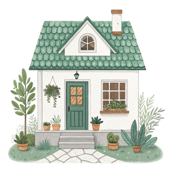 A house with a green roof and potted plants png
