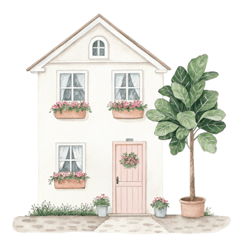 A watercolor illustration of a house with a pink door and window boxes png