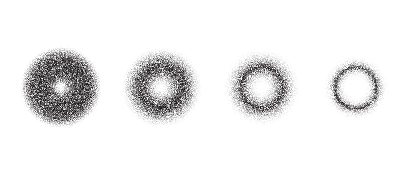 Set of textured gradient circles. Black dotted rings collections. Stippled round elements pack. Fading noise grain dotwork shapes. Halftone effect illustrations bundle. vector