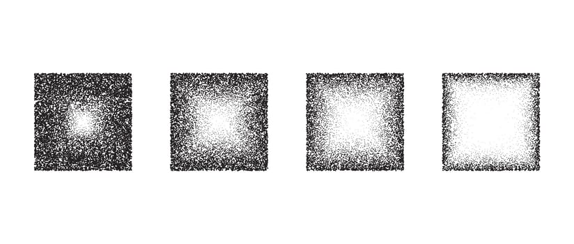 Fading square gradient set. Black dotted texture element collection. Stippled shade object pack. Noise grain dotwork shapes. Halftone effect illustrations bundle. vector