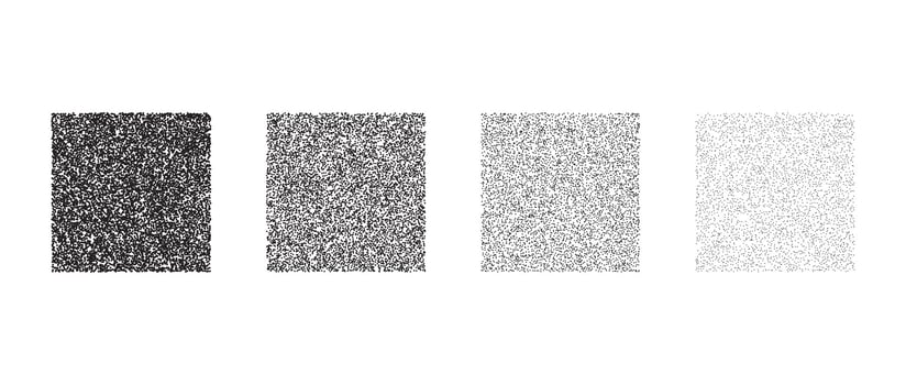 Set of stippled square texture. Black dotted gritty rectangle element collection. Noise grain dot work cube shapes. Half tones and shadows effect illustration bundle. vector