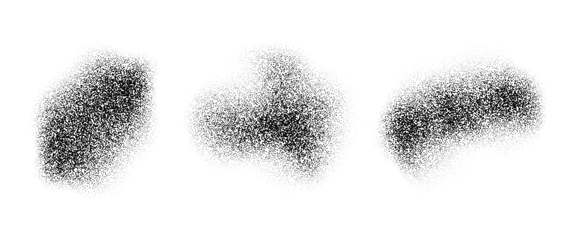 Abstract fluid dotted gradients stains. Noise grain texture shapes set. Black stippled spray splashes and sand dust spots. Dotwork elements and halftone splatter forms collection. vector