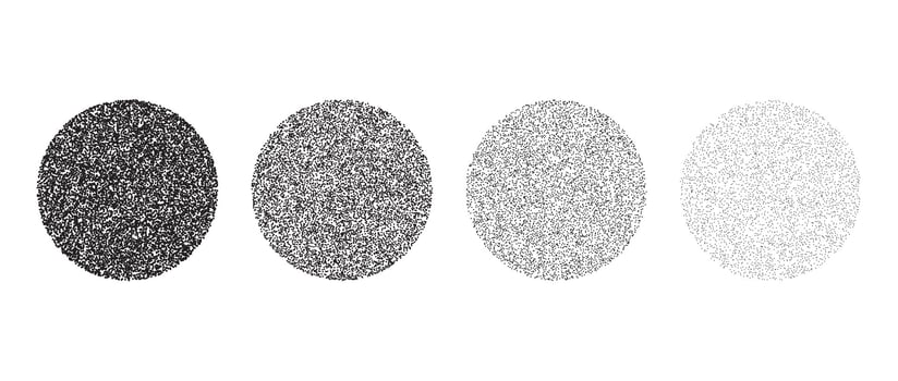 Set of stippled circle texture. Black dotted gritty round element collection. Noise grain dot work sphere shapes. Half tones and shadows effect illustration bundle. vector