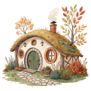 An illustration of a hobbit house with a door and windows png