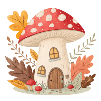 An illustration of a mushroom house surrounded by autumn leaves png