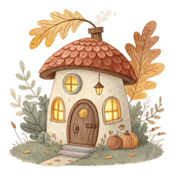 An illustration of a house with a pumpkin and leaves png