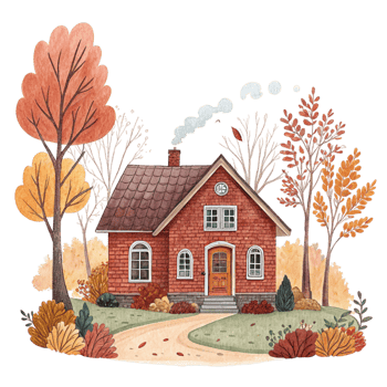 An illustration of a house surrounded by trees and fall foliage png