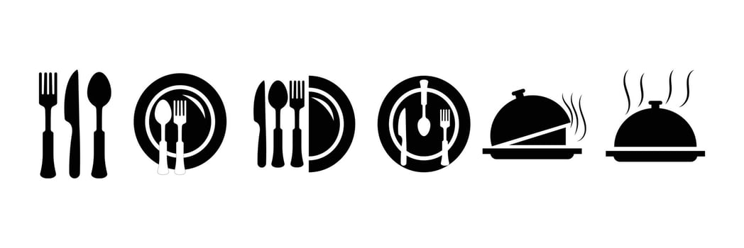 A set of black and white plates and utensils vector