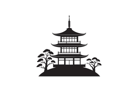 Japanese pagoda on top of hill with trees vector