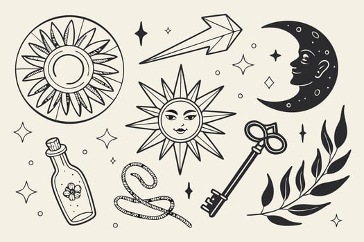 Mystical Celestial Sun, Moon, and Stars Elegant Black and White Hand-Drawn Tattoo Design Elements - Professional digital artwork with vibrant colors and detailed composition vector