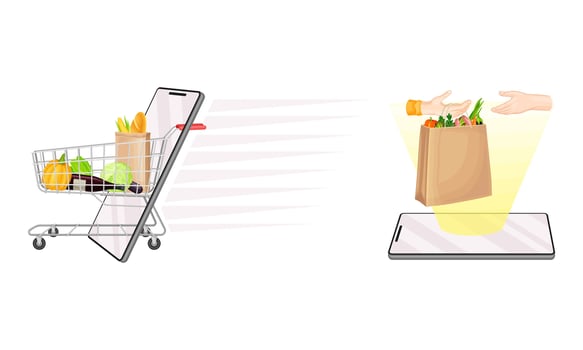 Mobile shopping and home delivery. E-commerce, digital marketing cartoon illustration vector