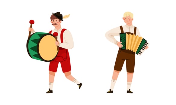 Man in traditional Bavarian clothes with musical instruments. People celebrating Oktoberfest beer festival illustration vector