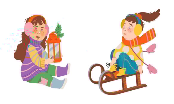 Kids winter activities set. Girls in warm clothes walking outdoors and sledding cartoon illustration vector