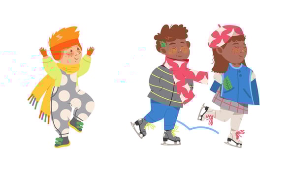 Kids winter activities set. Cute children in warm clothes walking outdoors and skating on rink cartoon illustration vector