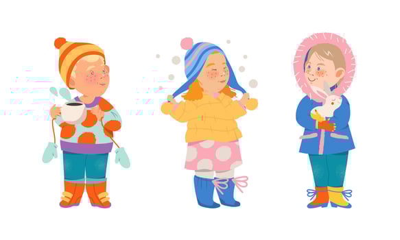 Kids winter activities set. Happy children in warm clothes walking outdoors cartoon illustration vector