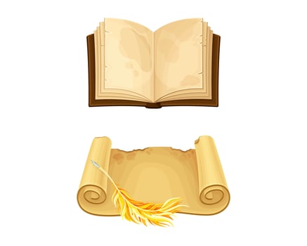 Old parchment paper scroll and opened book set illustration vector