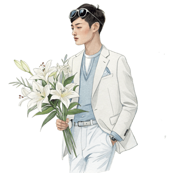 A man in a white suit holding a bunch of lilies png