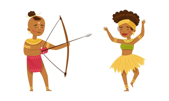 Native American indians set. Man and woman native americans in traditional clothes dancing and shooting with bow cartoon illustration vector