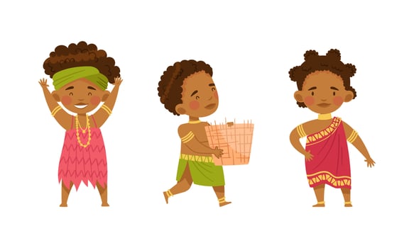 Native American indians set. Cute kids native americans in traditional clothes cartoon illustration vector