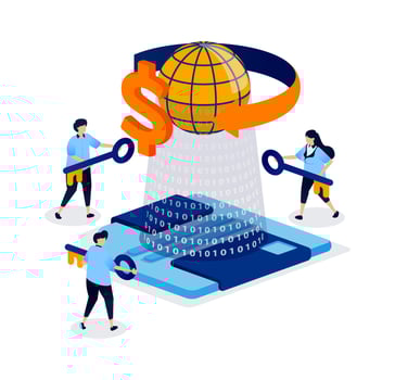 Floppy disks and dollar bills are shown circulating digitally in trade and banking, representing financial data storage across online networks and servers. Can be used for banner, mobile app, website vector