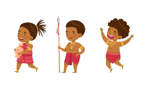 Native American kids set. Native indians people in traditional clothes cartoon illustration vector