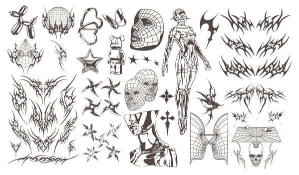Retro futuristic elements y2k style set in flat graphic design. vector