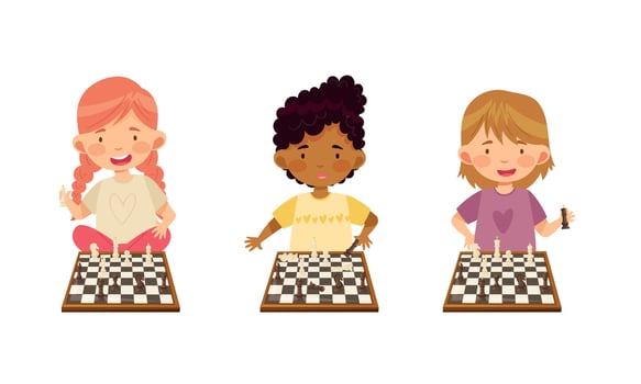 Cute little girls playing chess logic game cartoon illustration vector