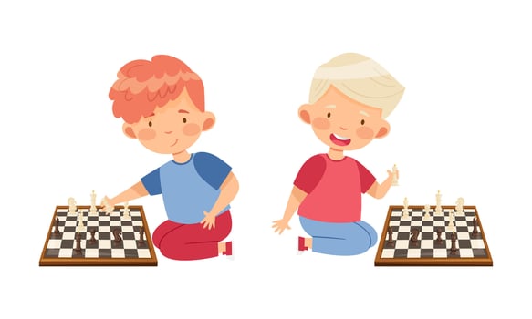 Cute little boys sitting on floor playing chess logic game cartoon illustration vector