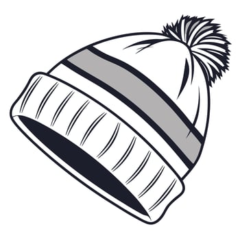 Stylish White Winter Beanie with Gray Stripe and Pom-Pom, Cozy and Warm for Cold Weather Fashion vector