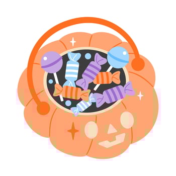 Halloween pumpkin bucket overflowing with colorful candy and lollipops, ready for trick-or-treating fun vector