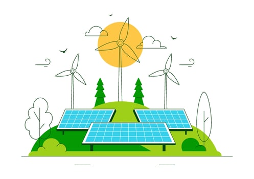 Sustainable Energy Farm Illustration with Green Technology and Clean Power Systems vector