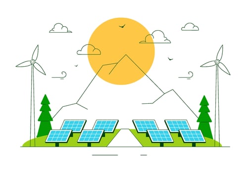 Landscape of a Solar Power Station with Clean Energy Storage and Turbines vector