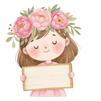 A girl holding a wooden sign with flowers on it png
