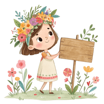 A little girl holding a wooden sign in front of flowers png