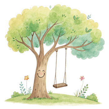 A tree with a swing and flowers in the background png