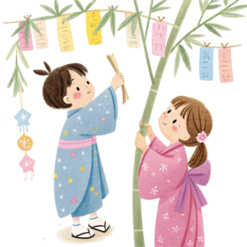 Two children in kimono are hanging up paper lanterns png
