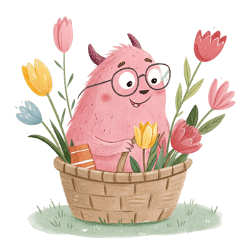 A cartoon pink monster holding a basket of flowers png