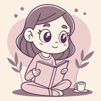 Cartoon girl reading book and drinking coffee vector