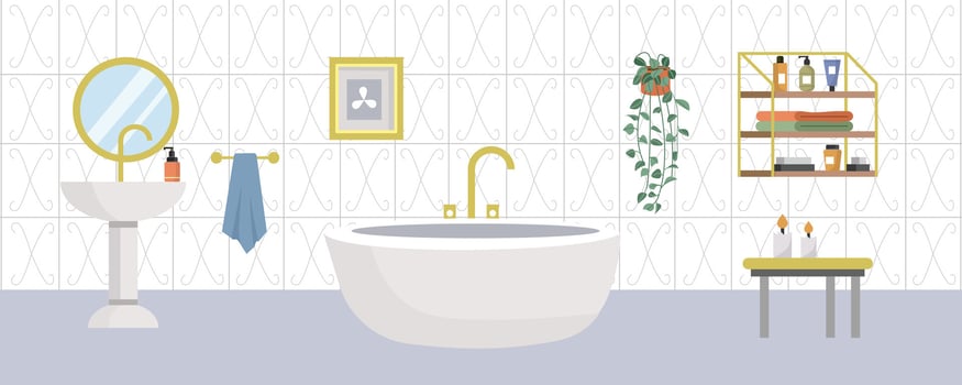 Luxury bathroom illustration. Modern bathroom. Washbowl design. Faucet. Home plant. Cozy bathroom. Soap shelf. Hanging towel. Toilet. Restroom. vector