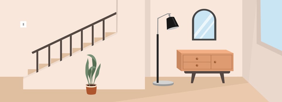 Apartment interior. Home stairs. Home decoration. Home interior. Potted plant. Wardrobe. vector
