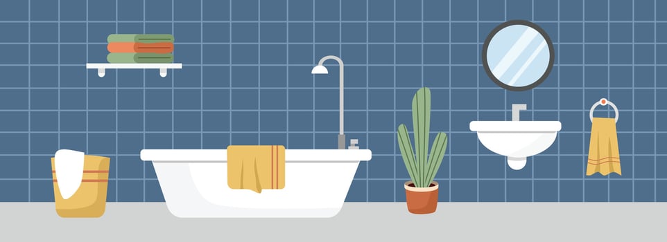 Bathroom facilities. Washbasin at toilet. Towel rack. Basket clothes. Hanging towel. Home plant. vector