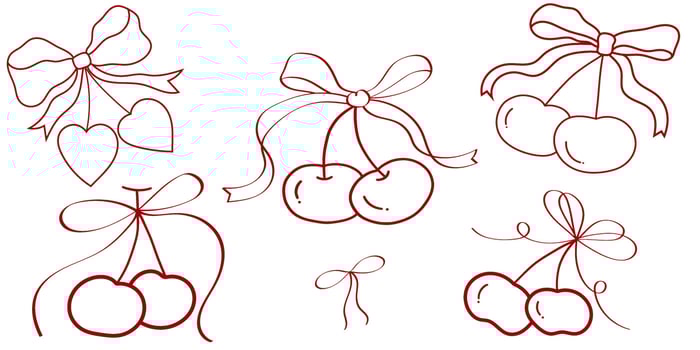 Set of minimal cherry doodles with ribbon bows, cute hand drawn style vector