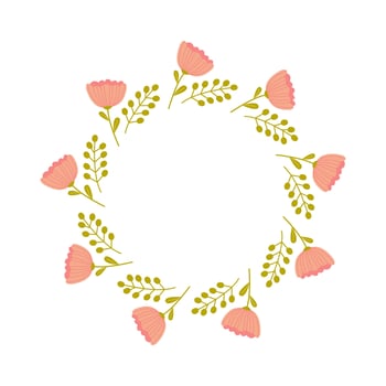 Floral wreath design featuring pink flowers and green leaves ideal for invitations or decorative purposes vector