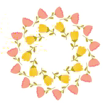 Round frame Floral wreath design with pink and yellow blossoms arranged in a circular pattern for a spring celebration vector