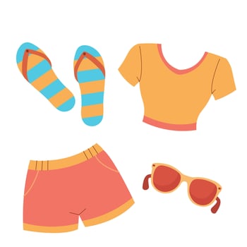 A set of summer clothes for relaxation. Top and shorts, flip-flops, sunglasses. Elements for design, for summer banners, posters, stickers for a diary. vector