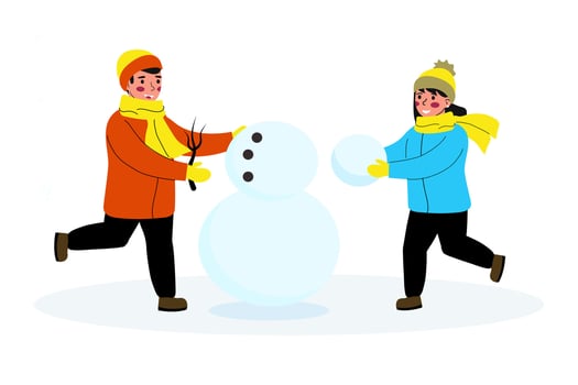 Little children build a snowman and feel happy. Boy girl making a snowman. illustration in flat style on a white background. vector