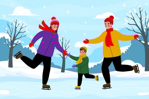 Family ice skating together in winter vector