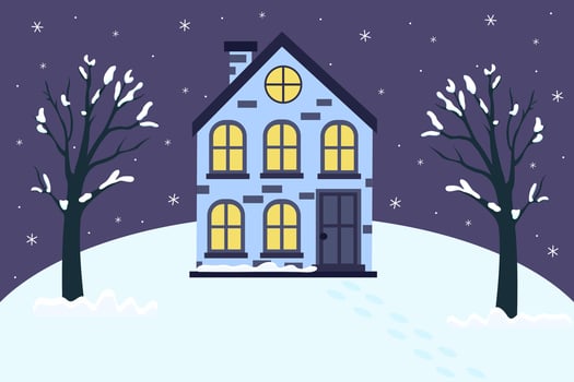 flat illustration of winter house and trees. Snowfall and winter tree decorations. Flat design style. Winter season and christmas concept vector