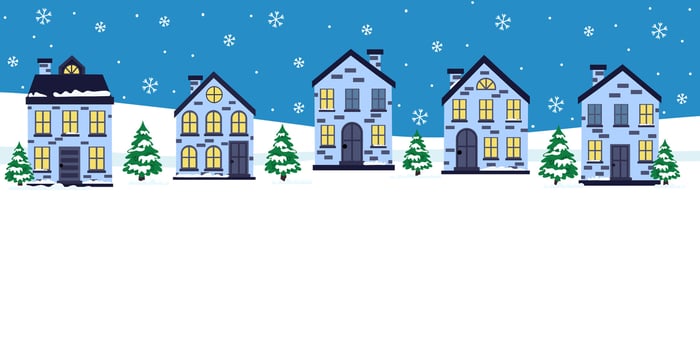 flat illustration background with winter houses with place for text. Flat design style. Winter season and christmas concept vector